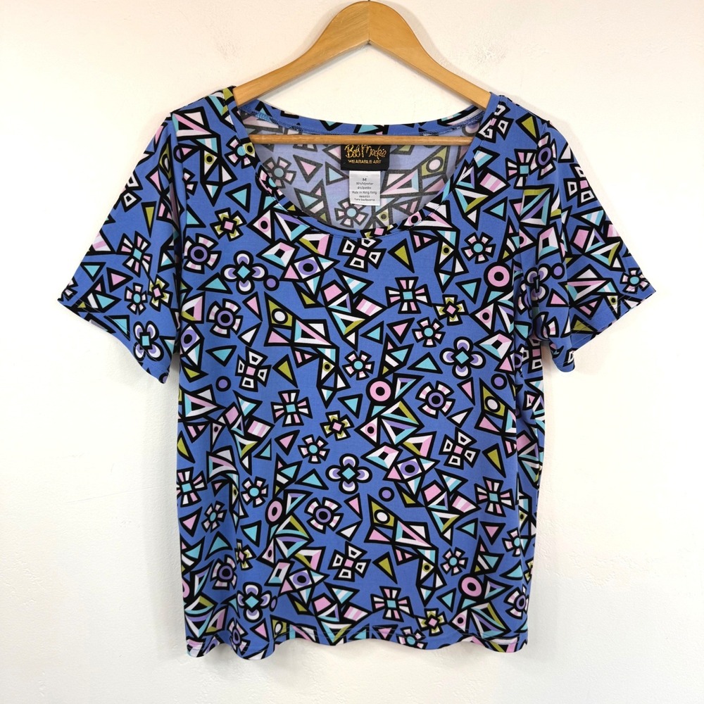 VTG Bob Mackie Wearable Art Top M Blue Geometric Memphis Print Dopamine Artsy